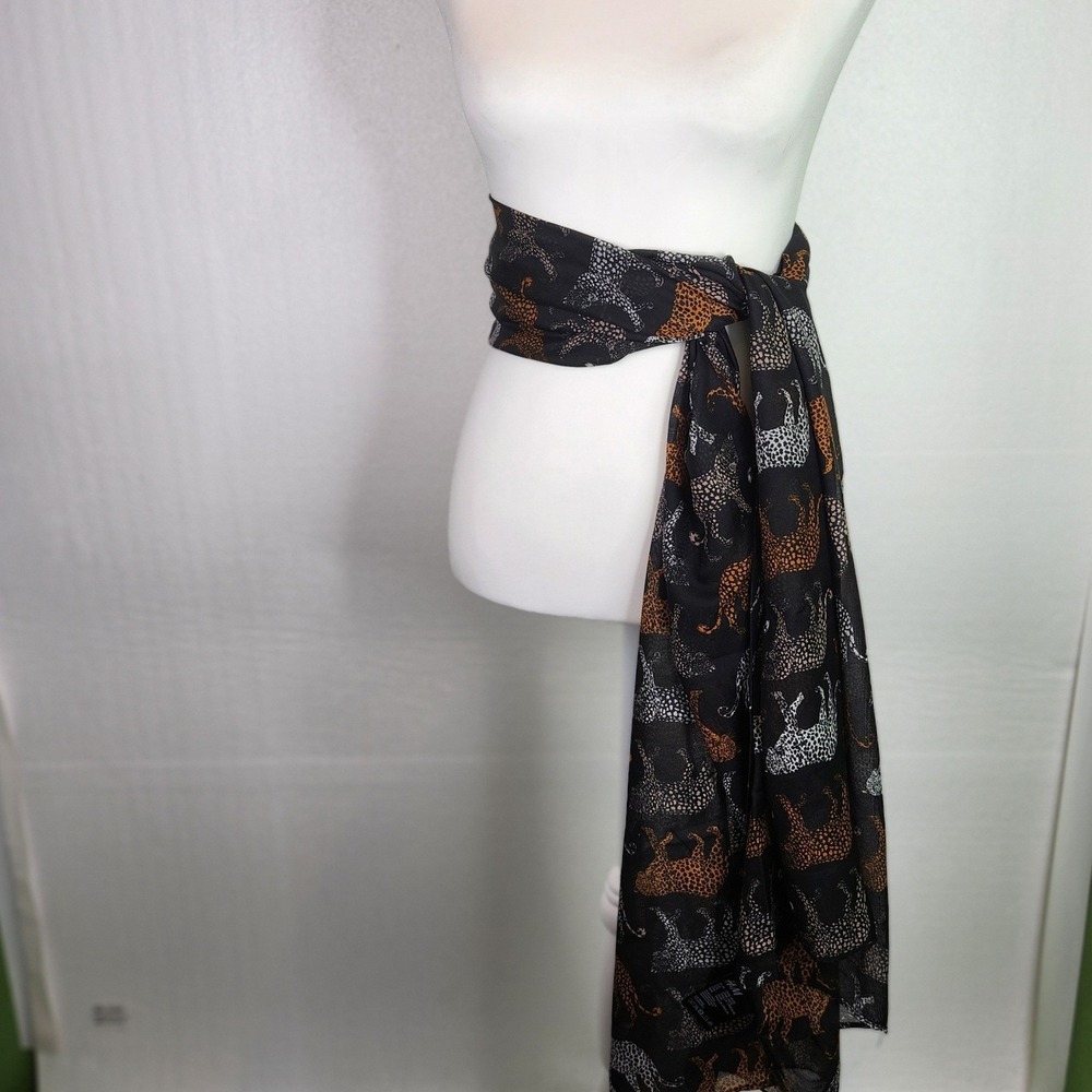 HM Womens Leopard Cheetah Print Scarf Black Tan White Sheer Gauze - Picture 4 of 9